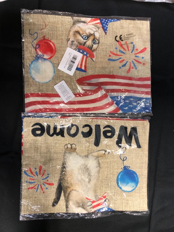 Photo 2 of (( 2 PACK & FACTORY SEALED )) X1zuue 4th of July Patrioctic Cat Garden Flag Burlap Double Sided Memorial Day Burlap Double Sided Welcome Blue Red Independence Day Outside Yard Party Decoration for Indoor Outdoor Lawn 12.4 x 18.2 Inch
