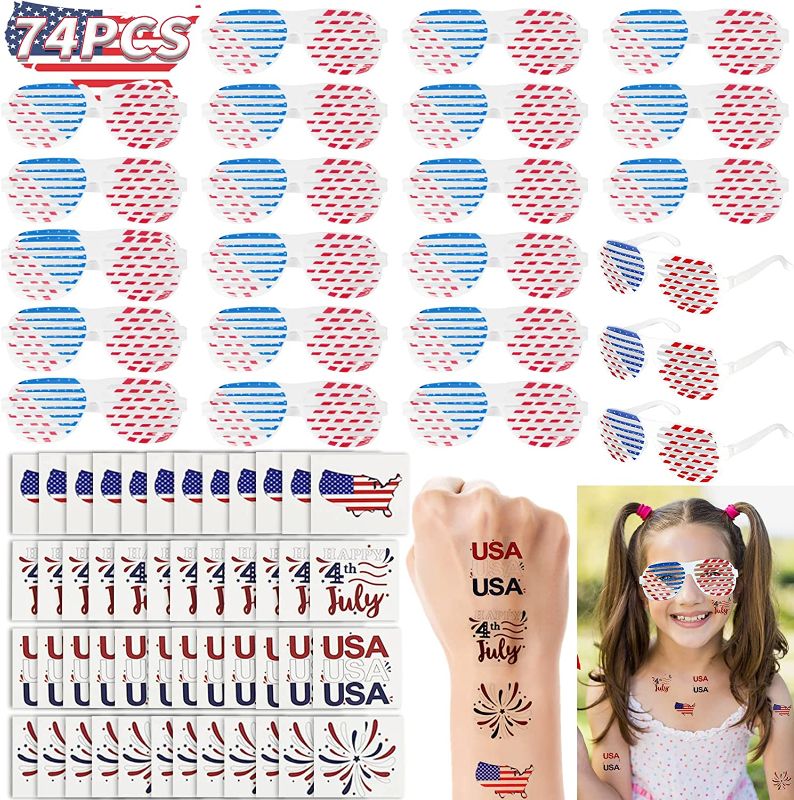 Photo 1 of (( FACTORY SEALED )) ALLCOLOR 74 pcs Patriotic Party Favor of 24 pairs American Flag Shutter Glasses and 50 Tattoo Stickers 4th of July Sunglasses Accessories for Women Kids Adults, Independence Day Decorations for Party
