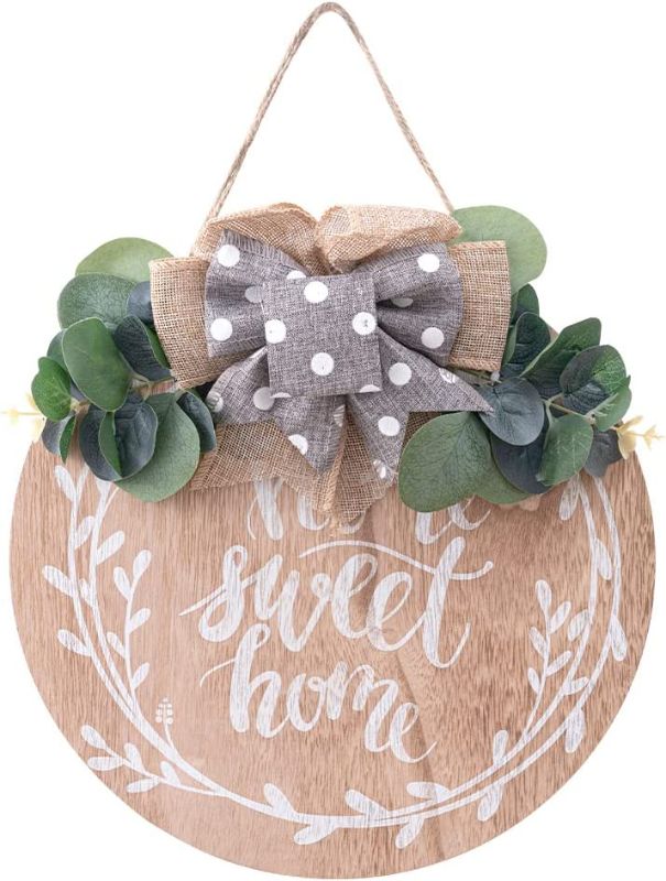 Photo 1 of (( FACTORY SEALED )) ING&HOM Welcome Sign for Front Door Porch 12 Inch Round Wood Decoration Farmhouse Wreath Wall Decor Hanger with Artificial Eucalyptus Stapled Greenery Outdoor Indoor All Seasons Holiday Christmas Housewarming Gift
