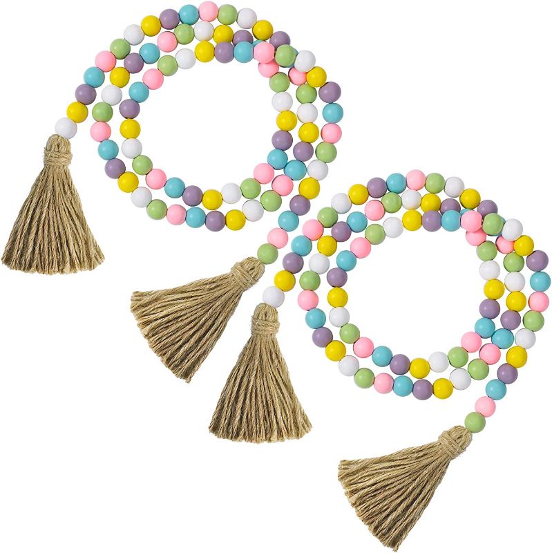 Photo 1 of 2 Pieces Valentine's Day St. Patrick’s Day Wood Bead Garlands with Tassels 10.8 ft Farmhouse Rustic Country Wood Bead Boho Bead Garlands for Tiered Tray Decor (Fresh Color)
