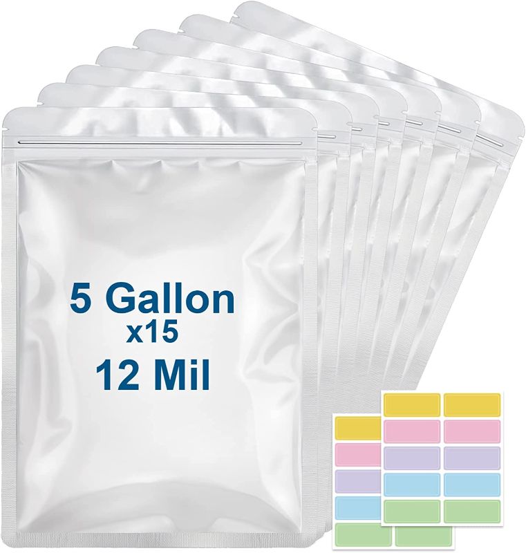 Photo 1 of 15 Packs 12 Mil Mylar Bags for Food Storage, 6 Mil Each Side 5 Gallon 16.7"x26", Resealable Bag Heat Sealable for Long Term Food Storage
