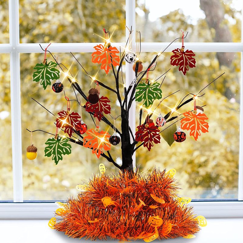 Photo 1 of 18 Inch Lighted Fall Tree with Maple Leaves Acorn Ornaments and Pumpkin Garland Thanksgiving Table Decoration Tree Light up Autumn Tree Decorations for Fall Thanksgiving Halloween Harvest Home Indoor
