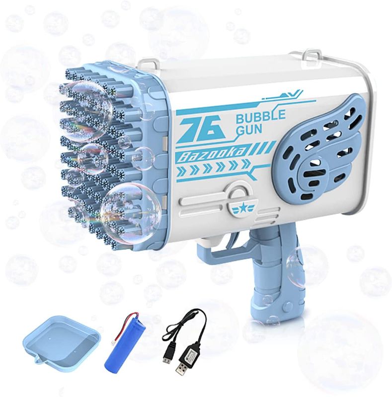 Photo 1 of Yodee Bubble Machine Gun,Bubble Bazooka Machine 76 Holes Bubble Blower with Color Light Rocket Bubble Launcher, Bubble Maker for Kids Adults Birthday Party Wedding Social Outing (Blue)