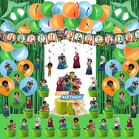 Photo 1 of 114 PCS Encanto Birthday Decorations, Encanto Party Supplies, Encanto Party Decorations includes Happy Birthday Banner, Balloons, Hanging Swirls, Foil Fringe Curtains, Tablecloth, Cake&Cupcake Toppers
