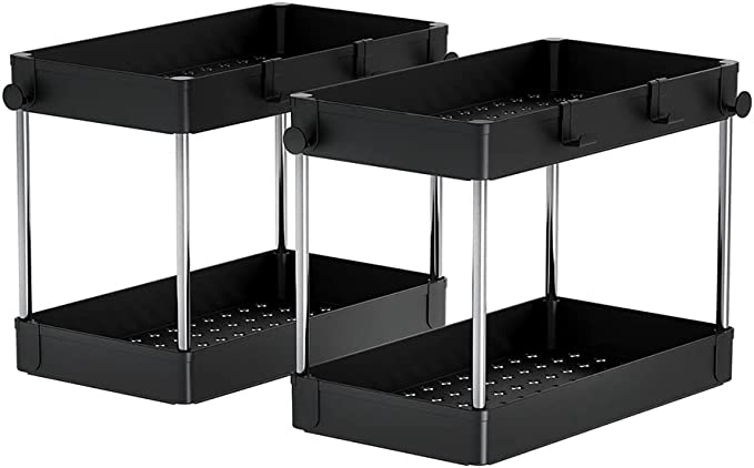 Photo 1 of 2pcs Under Sink Organizers,2 Tier Bathroom Cabinet Under Storage Rack with 4 Hooks,Multi-purpose Under Sink Shelf Organizers for Bathroom Kitchen(Black)
