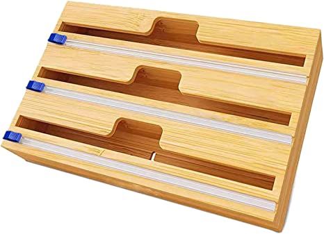 Photo 1 of 3 in 1 Wrap Dispenser with Cutter, Sturdy Bamboo Wood Roll Organizer Holder, Compatible with 12" Roll Plastic Wrap,Tin Foil and Parchment Paper -for Kitchen Drawer
