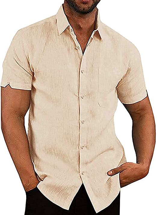 Photo 1 of  Button Down Short Sleeve Linen Shirts for Men Summer Casual Cotton Spread Collar Beach Shirts-XL