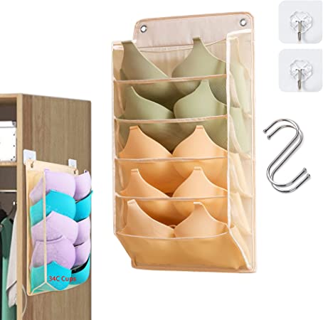 Photo 1 of 3D Hanging Closet Bra Organizer - ORGAZARD Foldable Enlarged Mesh Grids for Large Size Bras Underwear Towl Storage Dividers, Wall Shelf Wardrobe Space Saver with 4 Hooks Beige
