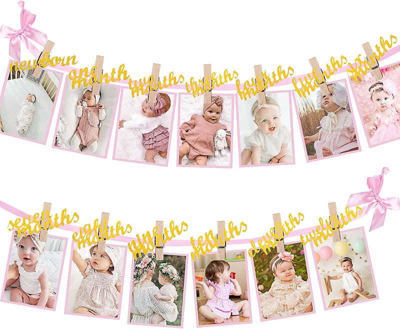 Photo 1 of 1st Birthday Baby Photo Banner for Girls, Pink First Birthday Photograph Banner from Newborn to 12 Months Baby Monthly Milestone Bunting Garland Cute Decoration for Baby Shower Celebration
