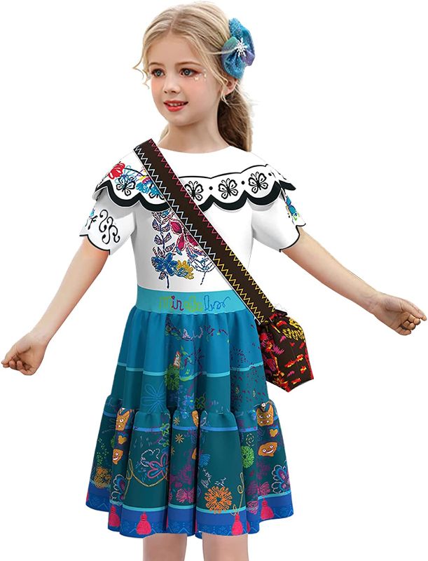 Photo 1 of Comisoc Encanto Mirabel Dress for Girls Madrigal Isabella Costume Princess Dress Up Skirt Cartoon Halloween Cosplay Outfit size 140 (5-6yrs old)
