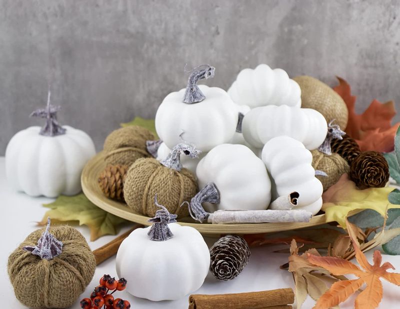 Photo 1 of Burlap and White Thanksgiving Artificial Pumpkins, 18 PCS Faux Fake Pumpkins Set, Rustic Farm House Decoration for Fall Harvest, Thanksgiving, Halloween, Wedding, Home Decor
-SEALED BOX-