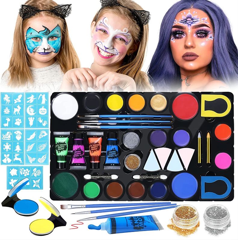 Photo 1 of Clatwing Luckyfine Face Paint Kit for Kids with 16 Colors Water Based Paints, 30 Stencils, 4 UV Luminous Paint, 2 Glitters, Safe Non Toxic Face Painting Kit for Halloween Makeup, Cosplay, Parties
-FACTORY SEALED-