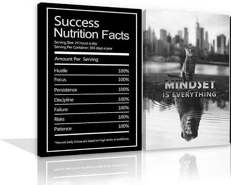 Photo 1 of 2 Pieces- Mindset is Everything Motivational Wall Art Canvas Prints Inspiring Prints Inspirational Success Nutrition Facts for Office/Home Framed Ready to Hang