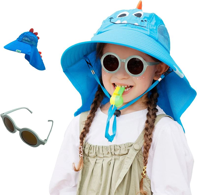 Photo 1 of Kids Sun Hat with Neck Flap Summer Hat Boy Girl Wide Brim Sun Protection Hat with Sunglasses,Adjustable Whistle 3-12 Years
