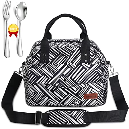 Photo 1 of Insulated Lunch Bag for Women Leakproof Lunch Box Container with Pockets and Detachable Shoulder Strap ?for Work Picnic Travel (Black/White)
