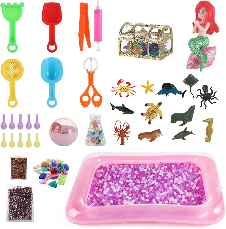 Photo 1 of 40000 PCS Non Toxic Water Beads Sensory Toys, Mermaid Themed Treasure Game for Toddlers, Pool & Decor Inflatable Water Mat, Sea Animal Figures, Educational Learning Toys with Beach Tools
