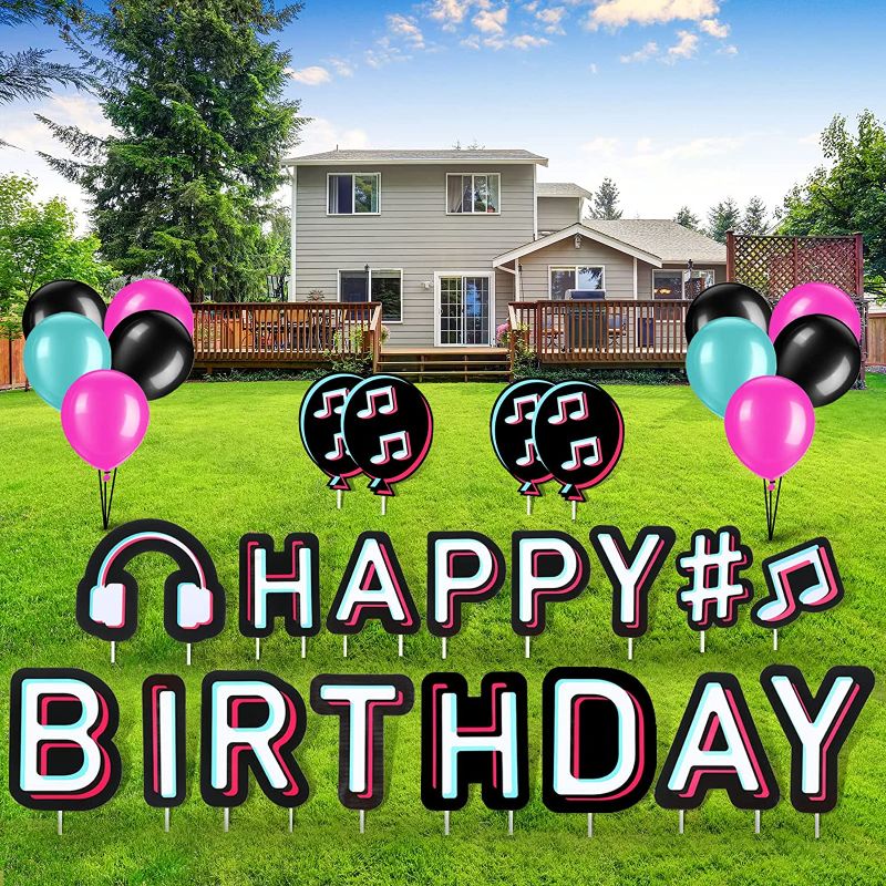 Photo 1 of 18 Pieces 15 Inch Music Happy Birthday Yard Sign Set with 30 Rose Red, Blue, Black Latex Balloons Music Notes Party Yard Decorations with Stakes Waterproof Birthday Lawn Letters Easy Install Reusable
