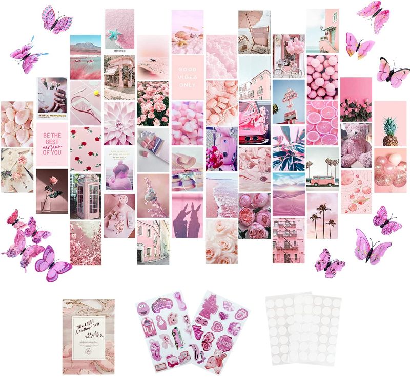 Photo 1 of 50 Pcs Pink Wall Collage Kit Aesthetic Pictures, Teen Girls for Dorm 4 x 6 Inch