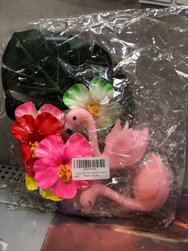 Photo 1 of 11Pcs Valentine's Day Flamingo Cake Toppers, Flamingo Palm Leaves Hibiscus Flowers Birthday Cake Decoration for Tropical Hawaiian Luau Themed Party Supplies Pink