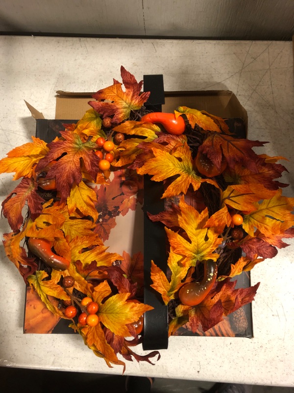 Photo 2 of Brwoynn Fall Door Wreath, 17 inch Thanksgiving Harvest Wreath for Front Door with Maple Leaf and Berry, Pumpkins, Ideal for Harvest Autumn Thanksgiving Indoor Outdoor Decoration
