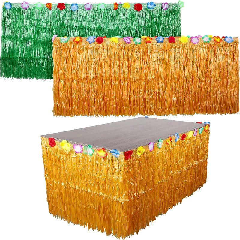 Photo 1 of 2 Pieces Hawaiian Table Skirt 9 ft Luau Grass Table Skirt Raffia Style Fringe Party Decoration for Tiki Tropical Hawaii Themed Birthday, Graduation or Costume Party (Straw Color, Green)
