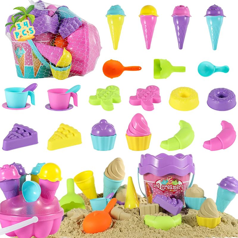 Photo 1 of AWEFRANK 34PCS Beach Sand Toys Set for Kids with Bucket, Ice Cream Stand, Dessert, Cupcake Various Colorful Molds, Sandbox Bath Snow Toys for Toddlers 3-12
