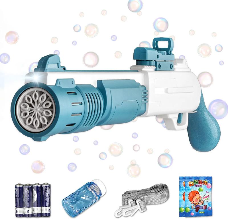 Photo 1 of Bubble Gun for Kids Bazooka Bubble Machine Gun Automatic Bubble Machine with Colorful Lights Toys for Birthday Wedding Outdoor Party Favors Gift with Bubble Solution for Kids Adult
