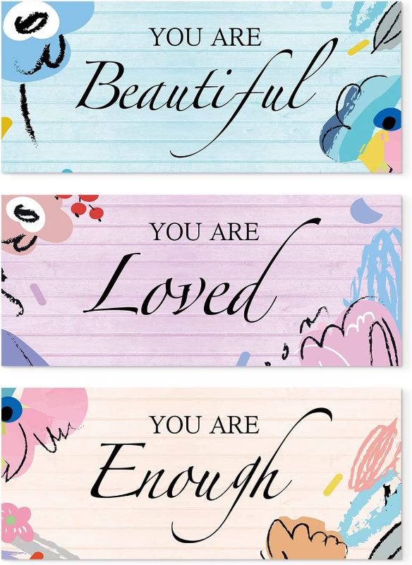 Photo 1 of 3 Pieces Inspirational Wall Art Positive Quotes Wall Decor - You Are Beautiful You Are Loved You Are Enough - Motivational Floral Wall Decor for Girls Bedroom Bathroom Room - for Inspirational Wall Art for Women (Blue Purple Beige)
