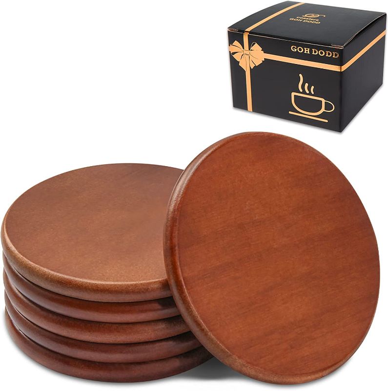 Photo 1 of Wood Coasters for Drinks, GOH DODD 4 Inch 6 Pieces Wooden Coasters Cup Coaster Set for Coffee Table Wooden Table, Round
