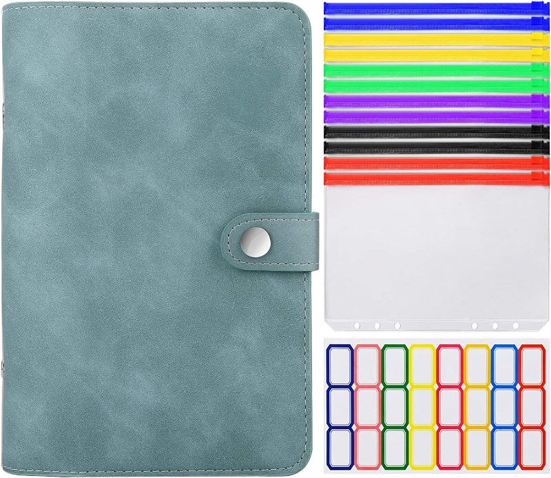 Photo 1 of A6 Notebook Budget Binder, PU Leather Money Organizer with 12 PCS Colored Clear Plastic Zippered Cash Envelopes Pockets and Self-Adhesive Label, Budget Envelope, Blue
