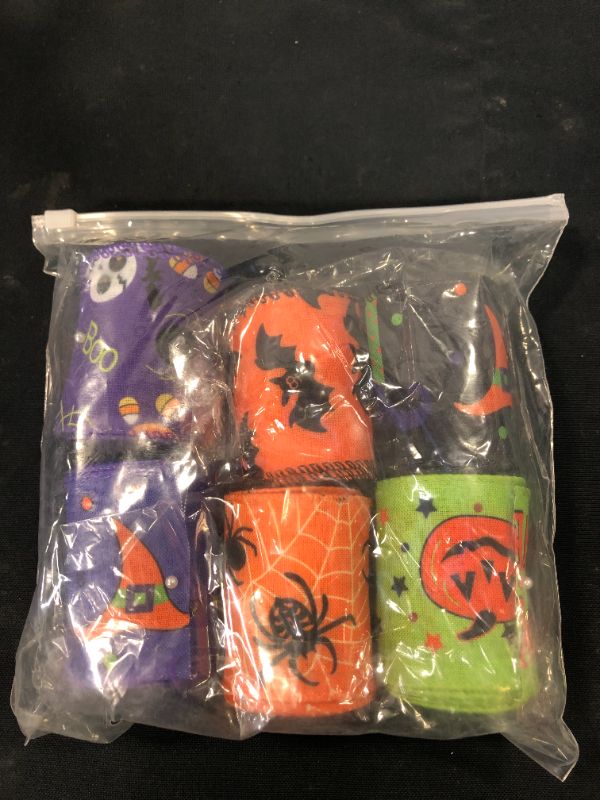 Photo 2 of 6 Rolls Halloween Wired Edge Ribbon for Wreaths 2.5 Inch x 30 Yards Bat Spider Web Pumpkin Print Grosgrain Ribbon Ghost Witch Hat and Leg Ribbon Halloween Party Decorative Ribbon Supplies, 6 Styles
