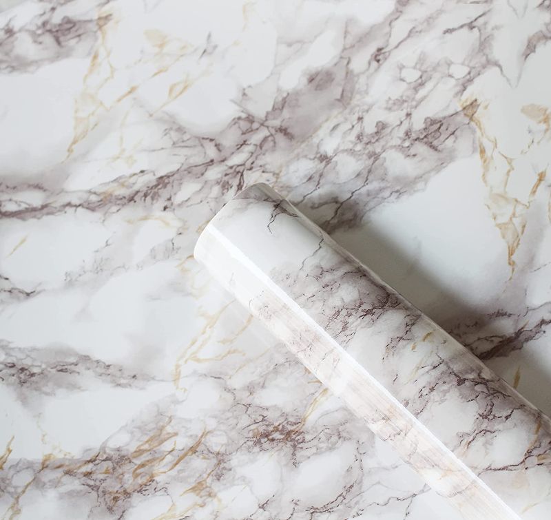 Photo 1 of 2 COUNT OF MJ-SKY Marble Wallpaper Granite Look Effect Marble Wallpaper Decorative Self-Adhesive Film Marble Gloss Vinyl Film for Kitchen Cabinet 15.8x118 Inch
