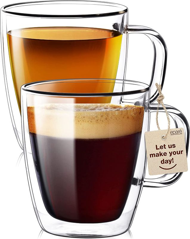 Photo 1 of 12 oz Double Wall Glass Coffee Mugs - Set of 2 Clear Coffee Mug - Insulated Glass Mug With Handle - Large Espresso Latte Cappuccino or Tea Cup by Eparé
