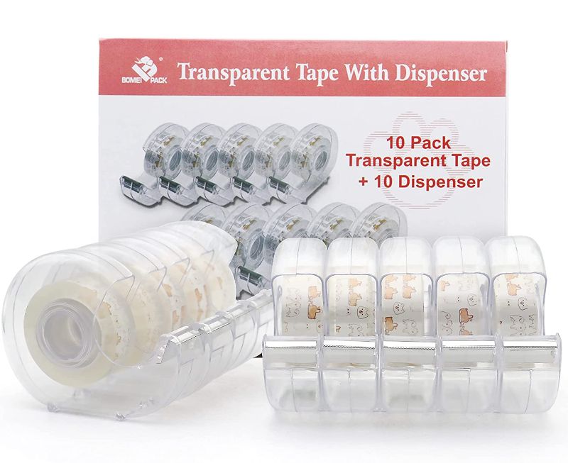 Photo 1 of BOMEI PACK Transparent Tape with Dispenser, 10PACK Office Tape Refill Rolls in Dispenser for Gift Wrapping School and Home, 3/4in x 1000in
