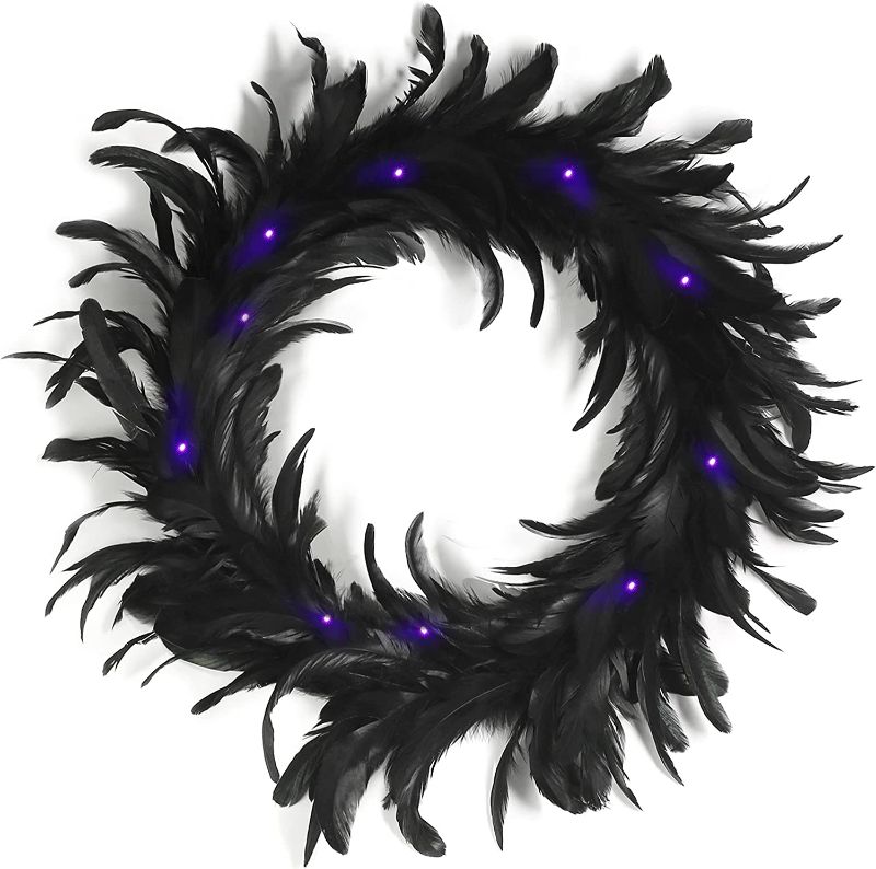 Photo 1 of 15.7 Inch Halloween Feather Wreath Full Black Cocktail Feathers Wreath with 30 LED Purple Light for Halloween Spooky Scene Party Favors,Halloween Decoration Props,Trick of Treat
