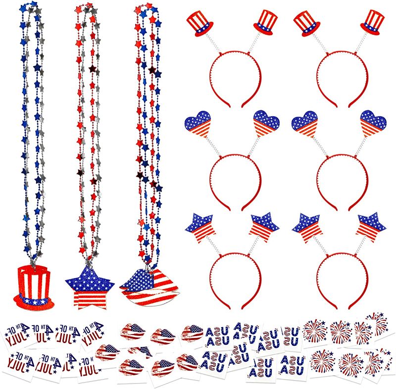 Photo 1 of 44PCS 4th of July Accessories Party Favors, July 4th Patriotic Accessories?6 Necklaces + 6 Headbands + 32 Tattoo Stickers?Fourth of July Independence Day Party Supplies - Red White and Blue