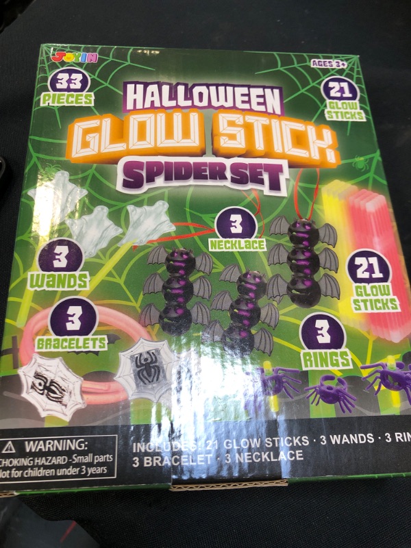 Photo 2 of JOYIN 33 Pcs Halloween Glow Sticks Bulk Spider Themed Light Up Party Supplies with 3 Necklaces, 3 Rings, 3 Wands, 3 Bracelets, 21 Glow Sticks for Halloween Glow in the Dark Party Favors