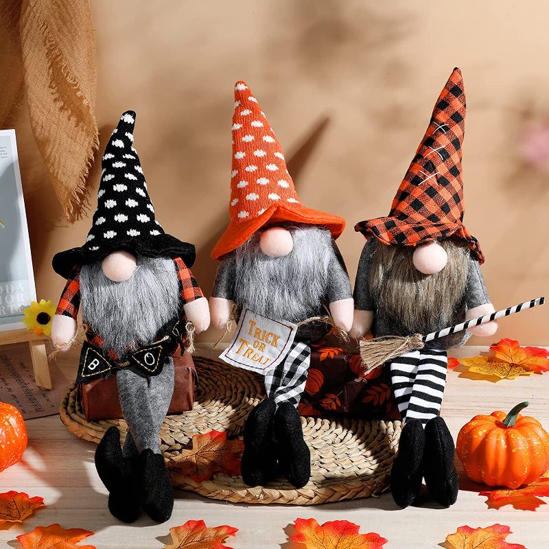 Photo 1 of 3 Pieces Halloween Gnome Plush Halloween Tomte Gnome Nisse Long-Legged Genome Decoration Handmade Swedish Gnome Non-Woven Faceless Plush Doll for Kitchen Halloween Home Tiered Tray Table
