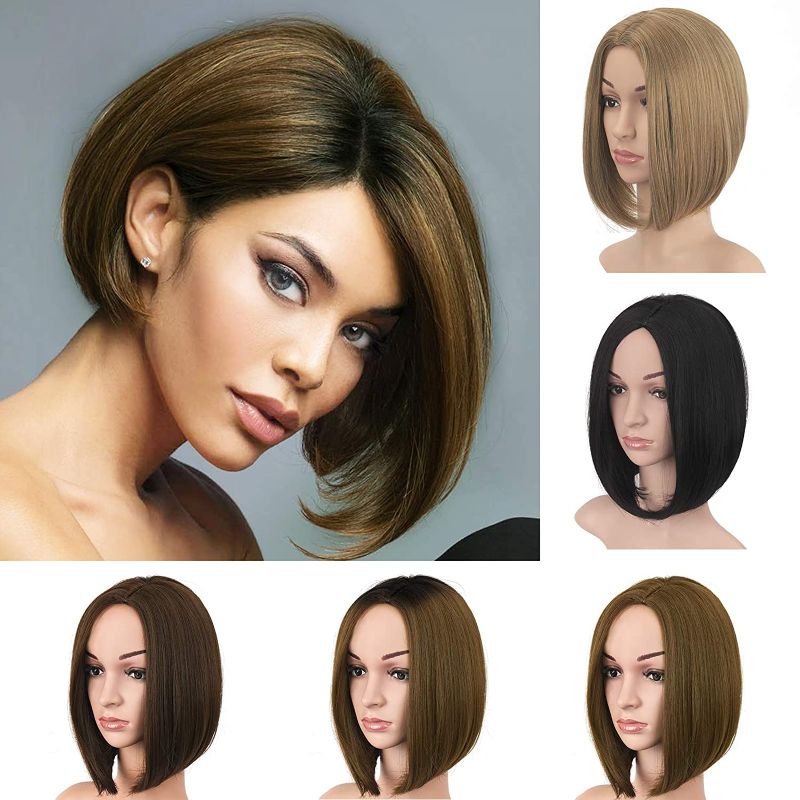 Photo 1 of BARSDAR Wigs 12 Inches Bob Wigs Ombre Blonde Brown Short Synthetic Hair Side Part Straight Bob Wigs for Black Women