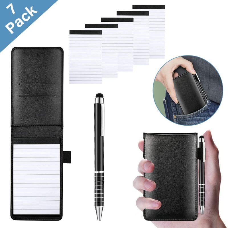 Photo 1 of 7 Pcs Mini Pocket Notepad Small Memo Pads Lined Paper Note Pad Leather Cover Notepad Holder Set with 1 Piece Pen and 5 Pcs 3 x 5 Inch Memo Book Refills for Men Women Best Gifts Supplies-Black
