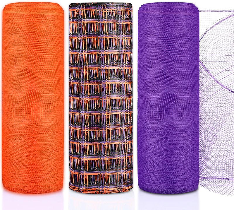 Photo 1 of 3 Pack Poly Decoration Burlap Mesh for Wreaths 10 Inch Wide Mesh Burlap Mesh Ribbon Supplies Mesh Ribbon Roll for Fall Christmas Halloween Farmhouse Wreaths DIY Crafts(Purple, Orange, Black)