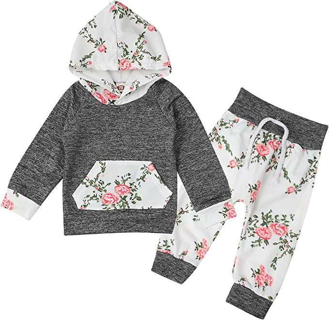 Photo 1 of 2pcs Infant Baby Girls Clothes Long Sleeve Hoodie with Floral Pants Outfit Sets for Fall Winter Spring 6-12 MONTHS