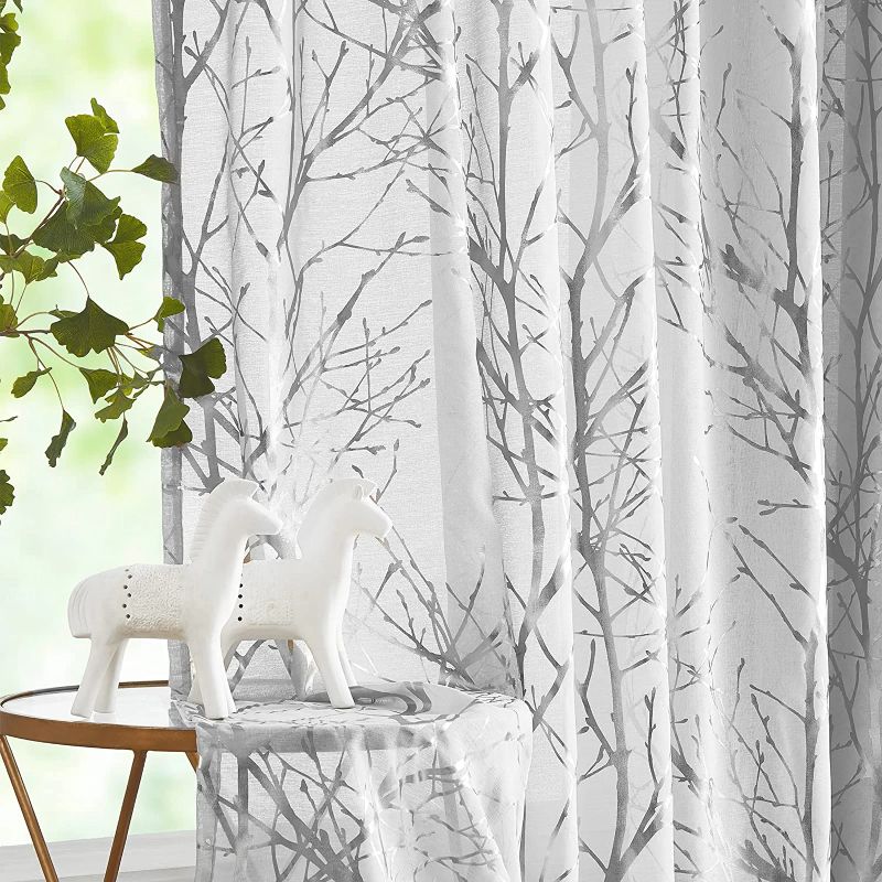 Photo 1 of  Silver Grey Sheer Curtains for Bedroom 63 inch Foil Tree Branch Window Curtain Panels for Living Room Light Filtering Curtain Drapes for Kitchen Rod Pocket