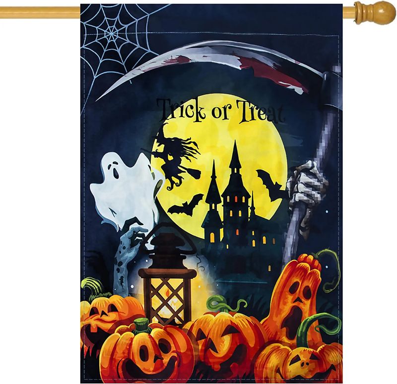 Photo 1 of 
Halloween Garden Flag 28 x 40 Double Sided Trick or Treat Pumpkin Ghost Bat Witch Castle Yard House Halloween Flags Happy Halloween Decorations Outdoor.