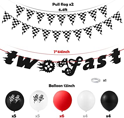 Photo 2 of BeYumi Race Car Two Fast Birthday Decorations Party Supplies with Black and White Checkered Triangle Flags Pennants Banner Latex Balloons for Kids Boys Let’s Go Racing Theme 2nd Birthday Sports Event - 2 Packs