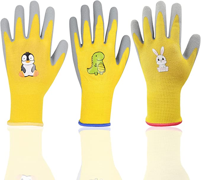 Photo 2 of 3 Pairs Kids Gardening Gloves-Children Grippy Rubber Coated Garden Work Glovesfor 5-15 year old,3 sizes,Yellow,Children Yard Work Gloves, Soft Safety Rubber Gloves,Gifts for Little Gardeners