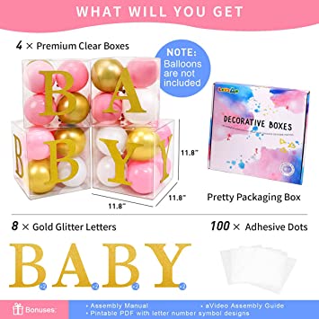 Photo 2 of Baby Boxes with Letters for Baby Shower, Full Clear Balloon Boxes, Baby Gender Reveal Party Supplies and Decorations for Girl, Boy, Neutral (Gold)