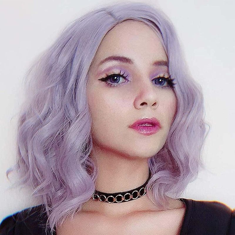 Photo 1 of FESHFEN Lilac Purple Short Bob Wig for Women 14 Inch Natural Pastel Curly Wavy Wig with L Part Shoulder Length Synthetic Colorful Costume Cosplay Wigs
