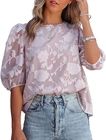Photo 1 of Alvnpin Women Elegant Floral Textured Blouses Round Neck Half Sleeves Tops Shirts XXL
