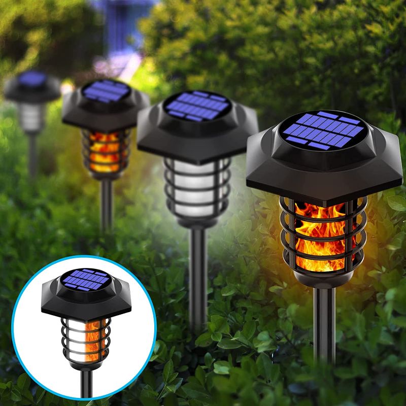 Photo 1 of 4 Pack Solar Flickering Flame Lights,Waterproof Outdoor Bright White & Flickering Flame Solar Torches Lighting 2-in-1, for Christmas Decorations Garden Pathway-Auto On/Off
